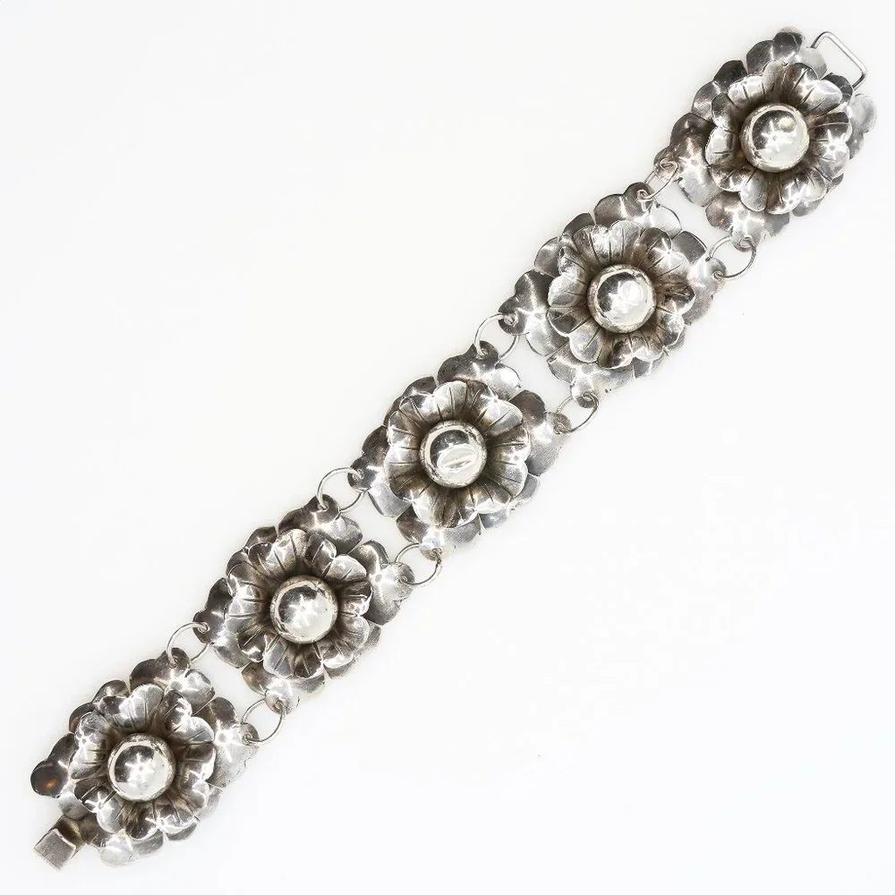 Vintage Mexican Silver Large Cabbage Floral Five Link Chunky Bracelet 1940s